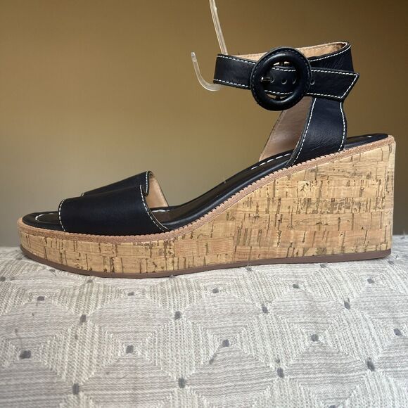Bernardo Anthropologie Navy Blue Leather Cork Wedge Sandals Ankle Strap Women 9 - Picture 2 of 16